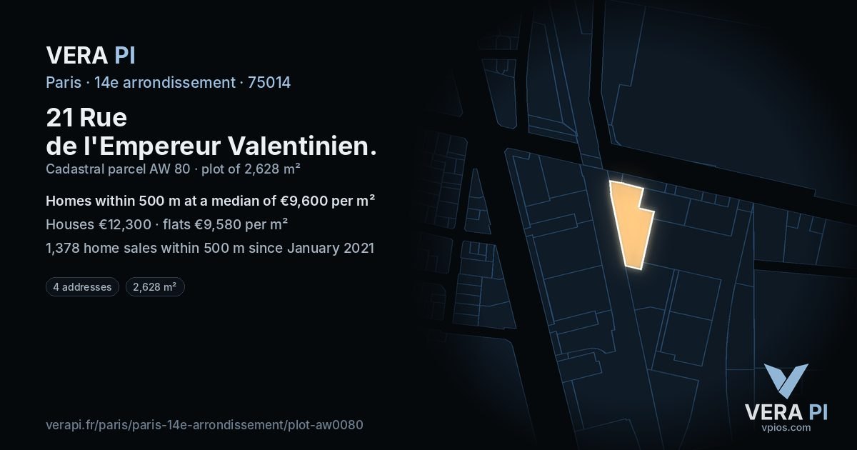 21 Rue de l'Empereur Valentinien, 14e arrondissement at night – the plot lit, the parcels around coloured by the prices near them