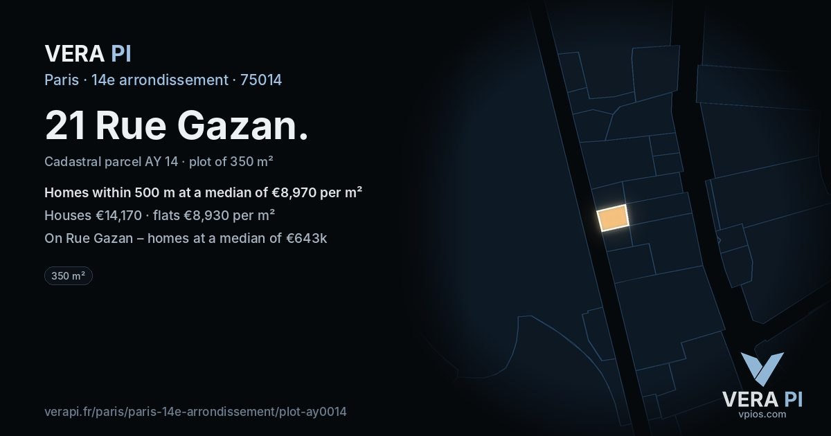 21 Rue Gazan, 14e arrondissement at night – the plot lit, the parcels around coloured by the prices near them