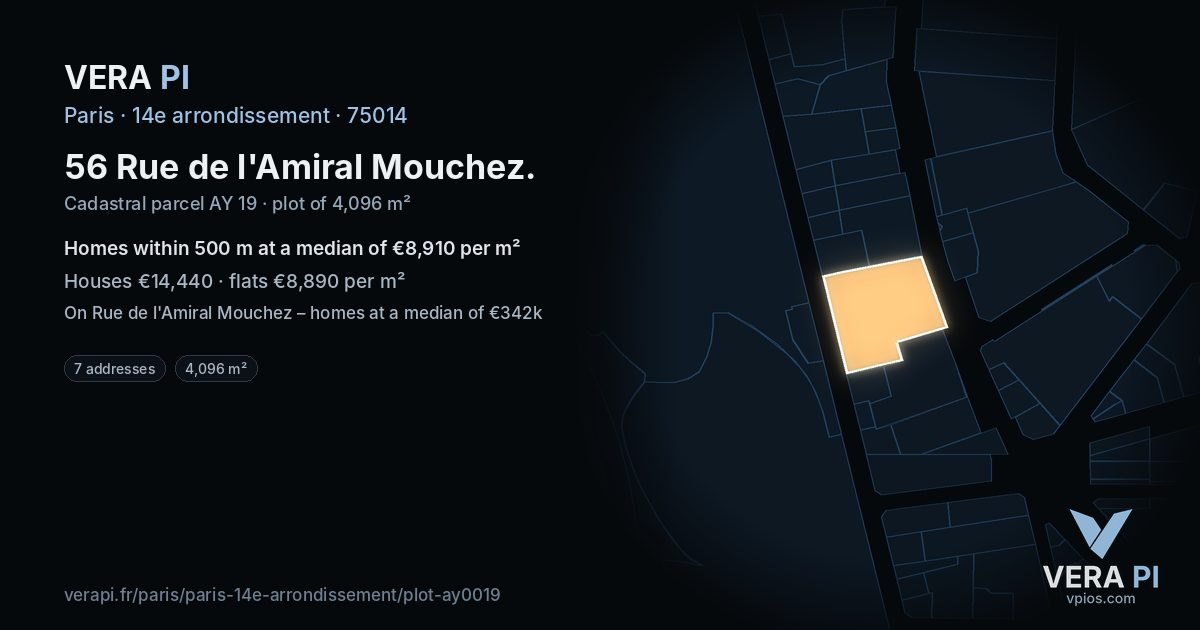 56 Rue de l'Amiral Mouchez, 14e arrondissement at night – the plot lit, the parcels around coloured by the prices near them