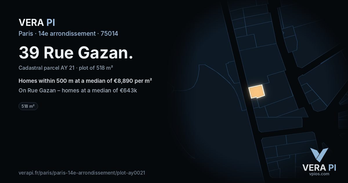 39 Rue Gazan, 14e arrondissement at night – the plot lit, the parcels around coloured by the prices near them