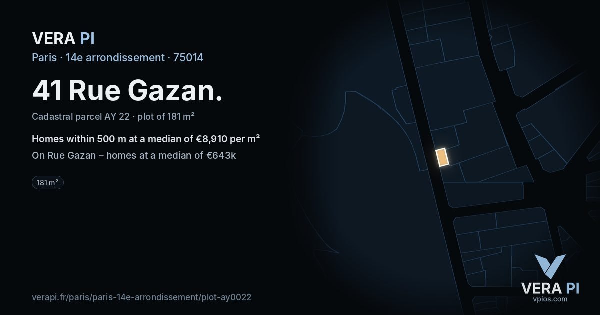 41 Rue Gazan, 14e arrondissement at night – the plot lit, the parcels around coloured by the prices near them
