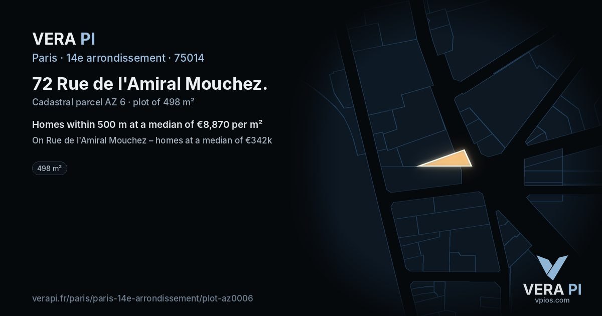72 Rue de l'Amiral Mouchez, 14e arrondissement at night – the plot lit, the parcels around coloured by the prices near them