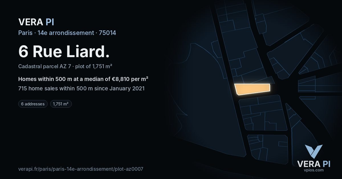 6 Rue Liard, 14e arrondissement at night – the plot lit, the parcels around coloured by the prices near them