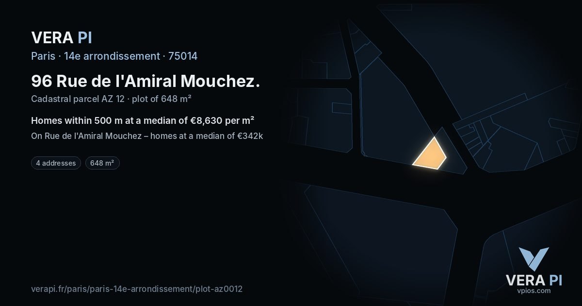 96 Rue de l'Amiral Mouchez, 14e arrondissement at night – the plot lit, the parcels around coloured by the prices near them