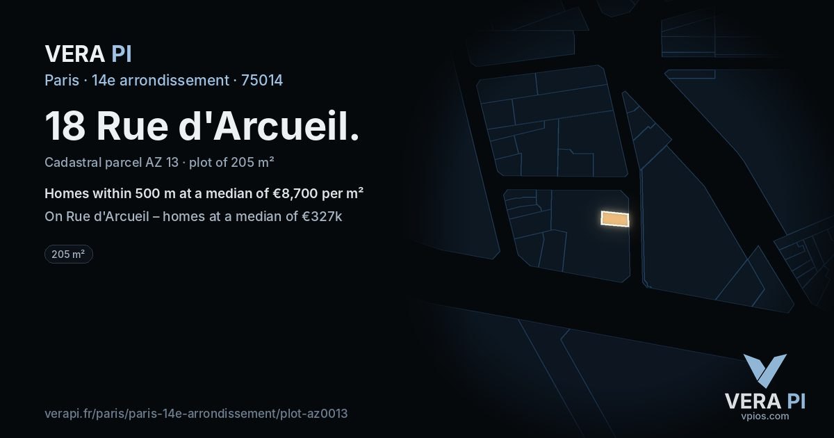 18 Rue d'Arcueil, 14e arrondissement at night – the plot lit, the parcels around coloured by the prices near them