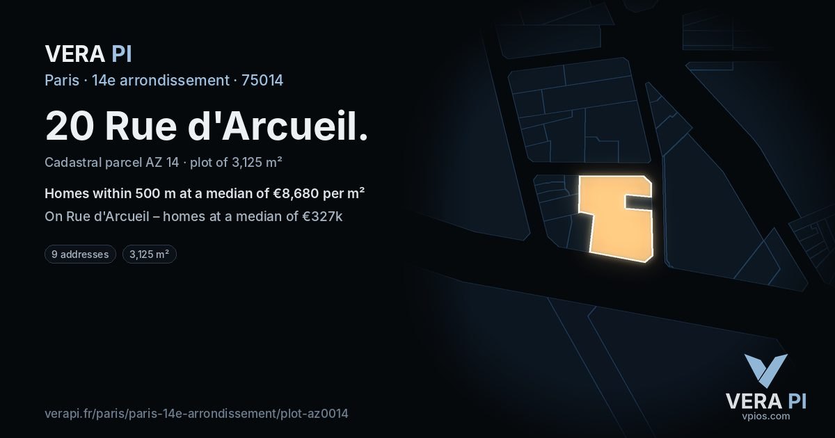 20 Rue d'Arcueil, 14e arrondissement at night – the plot lit, the parcels around coloured by the prices near them