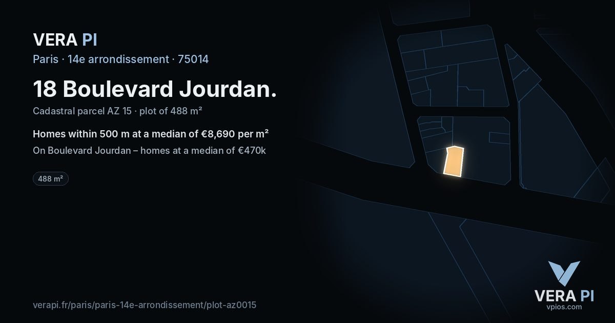 18 Boulevard Jourdan, 14e arrondissement at night – the plot lit, the parcels around coloured by the prices near them