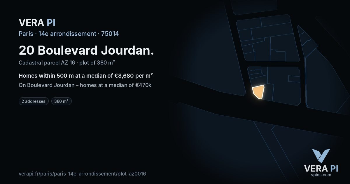 20 Boulevard Jourdan, 14e arrondissement at night – the plot lit, the parcels around coloured by the prices near them