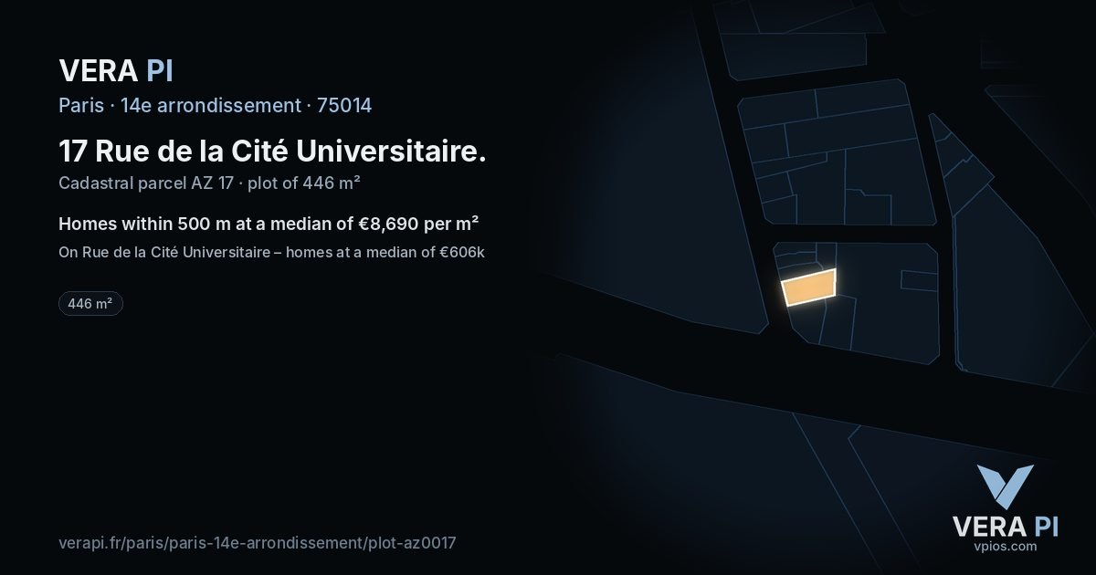17 Rue de la Cité Universitaire, 14e arrondissement at night – the plot lit, the parcels around coloured by the prices near them