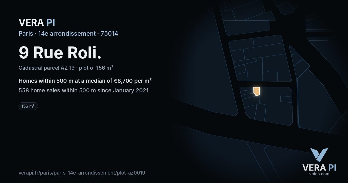9 Rue Roli, 14e arrondissement at night – the plot lit, the parcels around coloured by the prices near them