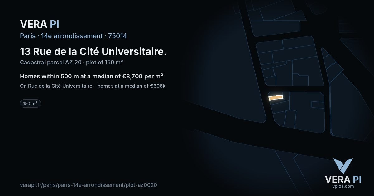 13 Rue de la Cité Universitaire, 14e arrondissement at night – the plot lit, the parcels around coloured by the prices near them