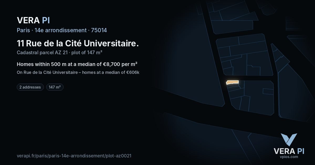 11 Rue de la Cité Universitaire, 14e arrondissement at night – the plot lit, the parcels around coloured by the prices near them