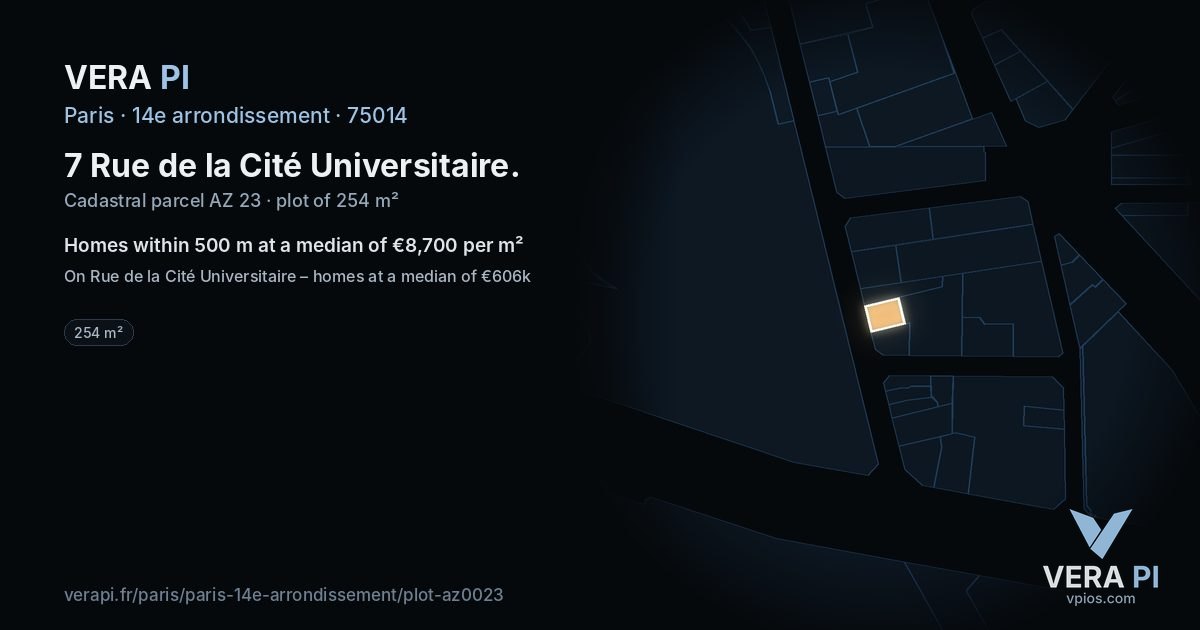 7 Rue de la Cité Universitaire, 14e arrondissement at night – the plot lit, the parcels around coloured by the prices near them