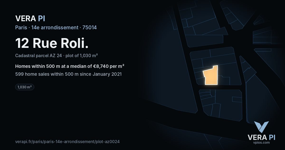 12 Rue Roli, 14e arrondissement at night – the plot lit, the parcels around coloured by the prices near them