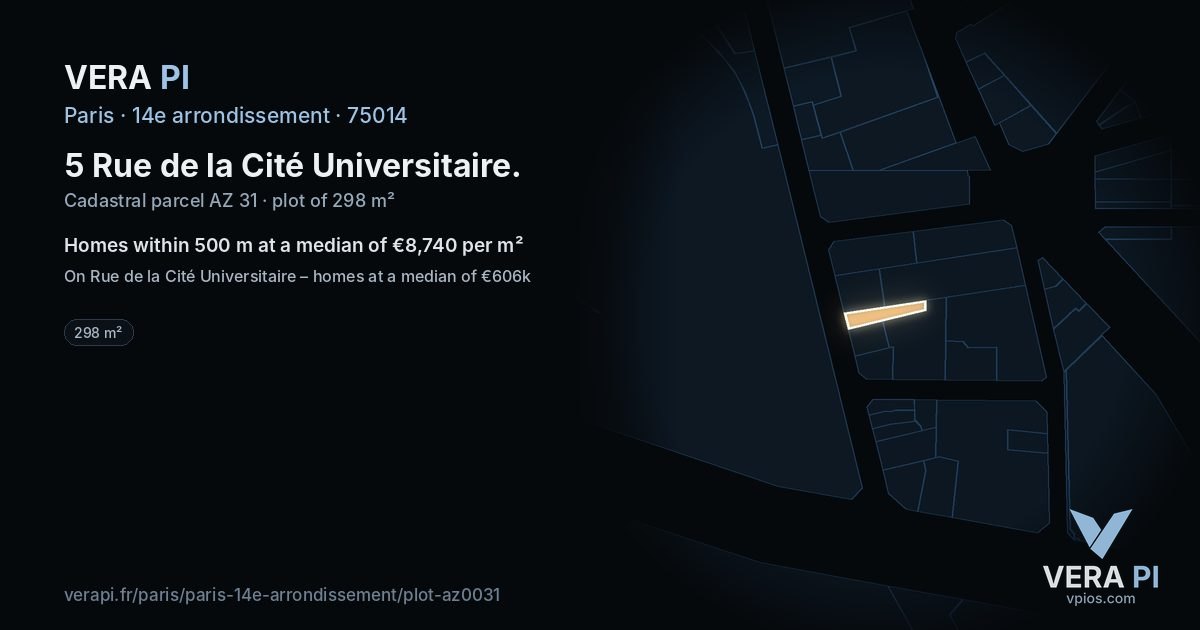 5 Rue de la Cité Universitaire, 14e arrondissement at night – the plot lit, the parcels around coloured by the prices near them