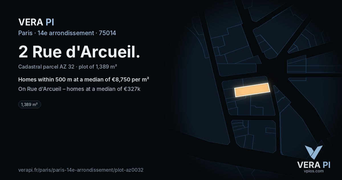 2 Rue d'Arcueil, 14e arrondissement at night – the plot lit, the parcels around coloured by the prices near them
