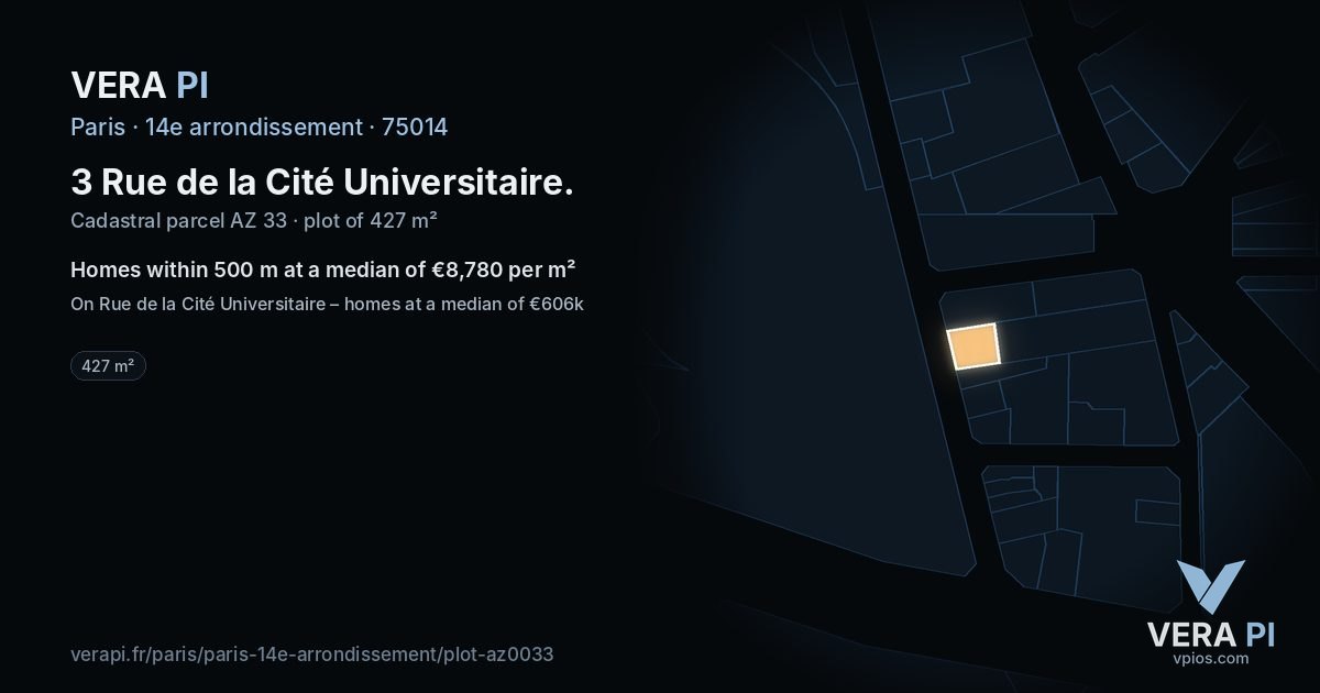 3 Rue de la Cité Universitaire, 14e arrondissement at night – the plot lit, the parcels around coloured by the prices near them