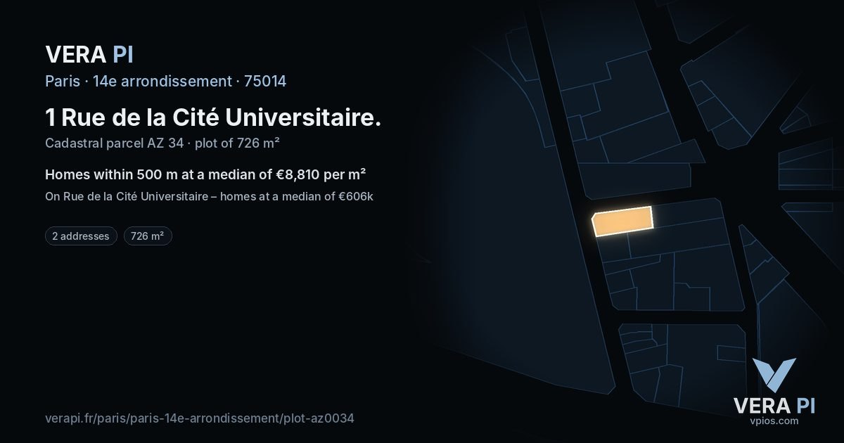 1 Rue de la Cité Universitaire, 14e arrondissement at night – the plot lit, the parcels around coloured by the prices near them