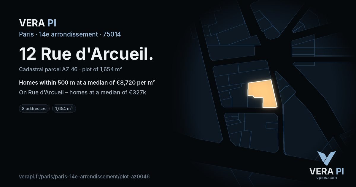 12 Rue d'Arcueil, 14e arrondissement at night – the plot lit, the parcels around coloured by the prices near them