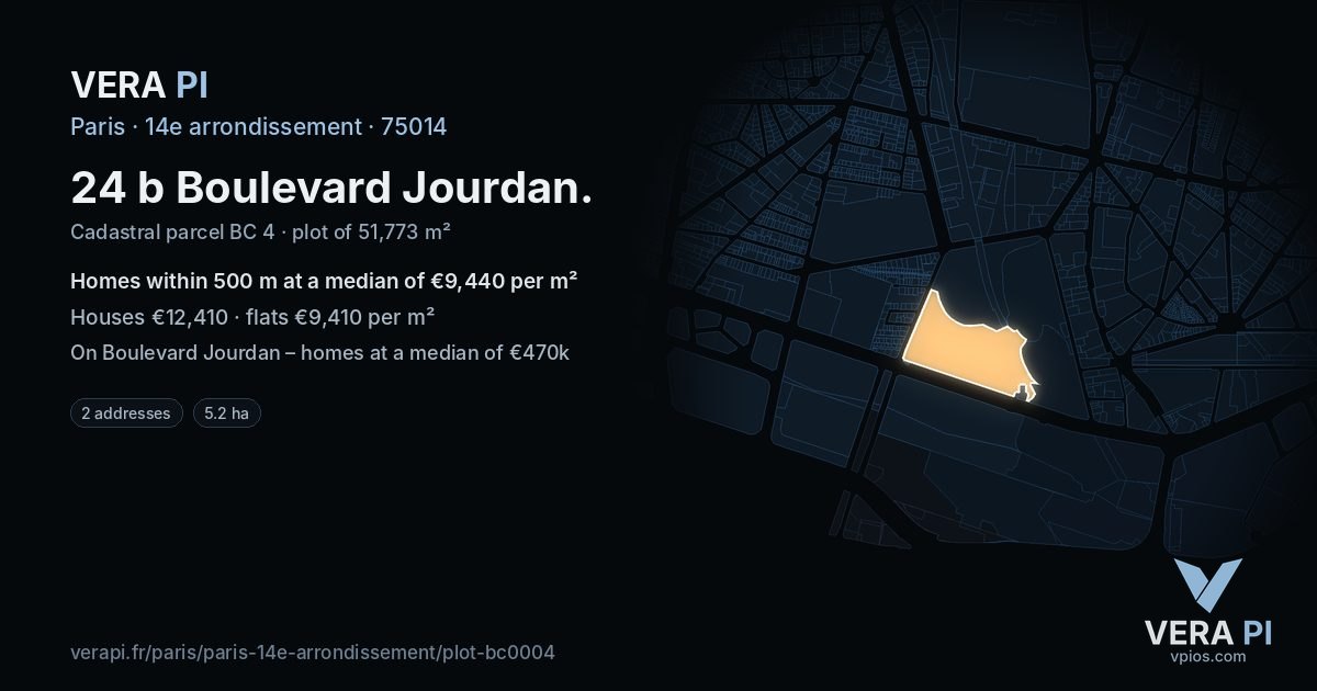 24 b Boulevard Jourdan, 14e arrondissement at night – the plot lit, the parcels around coloured by the prices near them