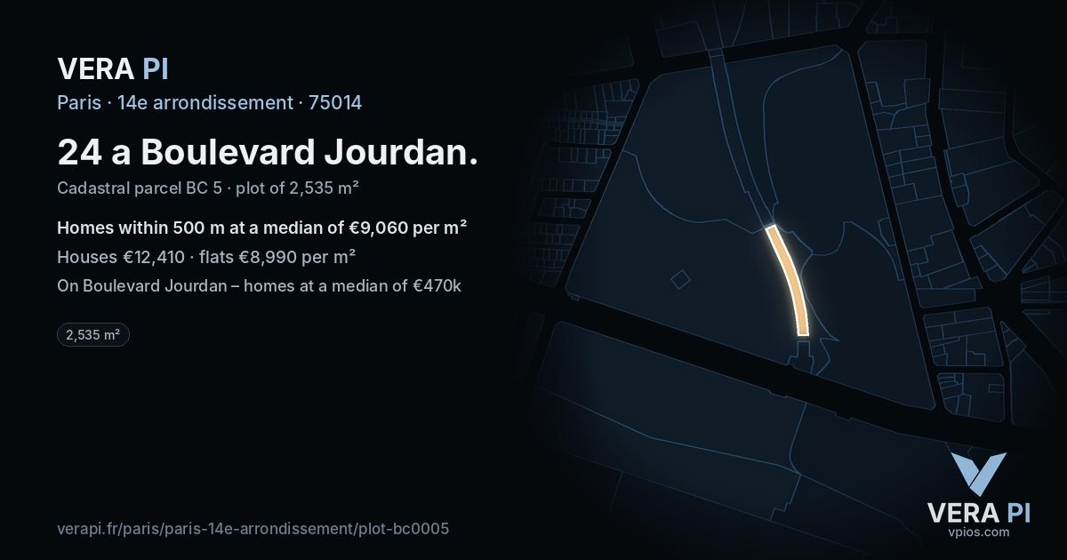 24 a Boulevard Jourdan, 14e arrondissement at night – the plot lit, the parcels around coloured by the prices near them