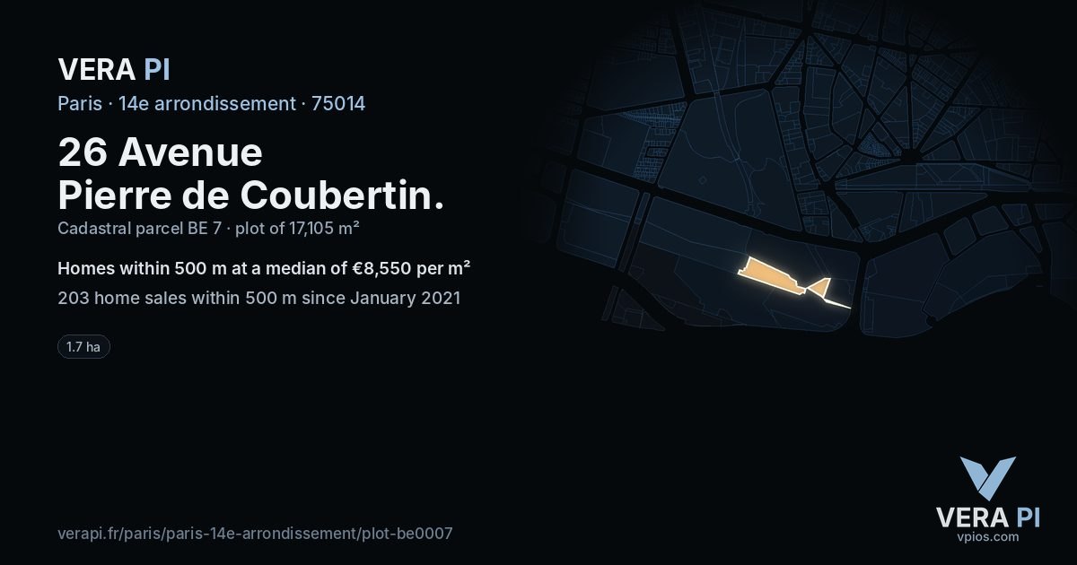 26 Avenue Pierre de Coubertin, 14e arrondissement at night – the plot lit, the parcels around coloured by the prices near them