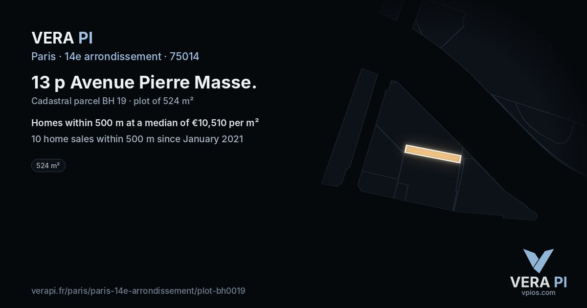13 p Avenue Pierre Masse, 14e arrondissement at night – the plot lit, the parcels around coloured by the prices near them