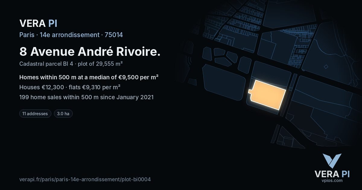 8 Avenue André Rivoire, 14e arrondissement at night – the plot lit, the parcels around coloured by the prices near them