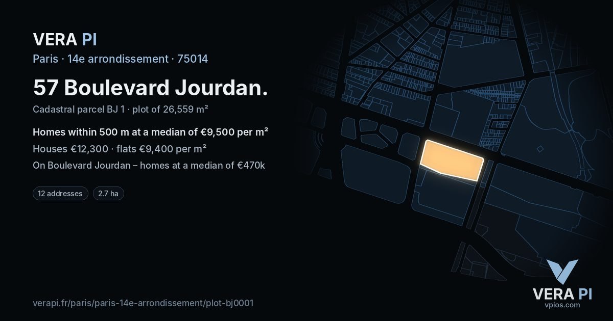 57 Boulevard Jourdan, 14e arrondissement at night – the plot lit, the parcels around coloured by the prices near them