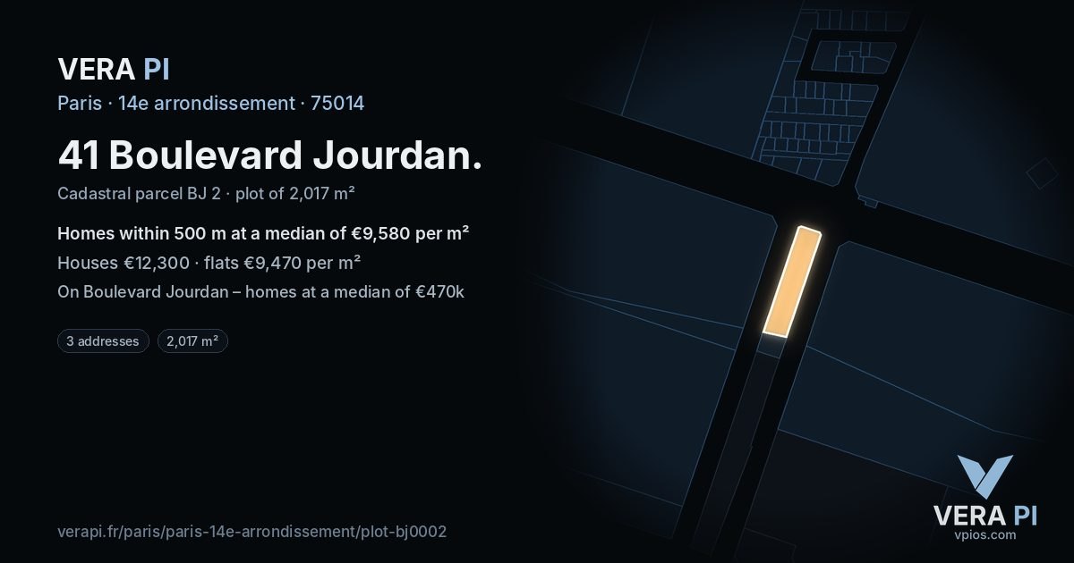 41 Boulevard Jourdan, 14e arrondissement at night – the plot lit, the parcels around coloured by the prices near them