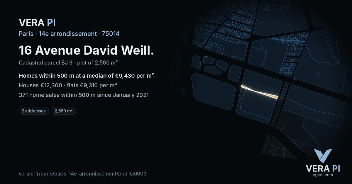 16 Avenue David Weill, 14e arrondissement at night – the plot lit, the parcels around coloured by the prices near them