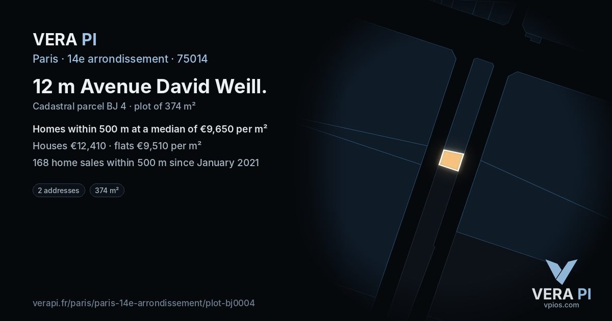 12 m Avenue David Weill, 14e arrondissement at night – the plot lit, the parcels around coloured by the prices near them