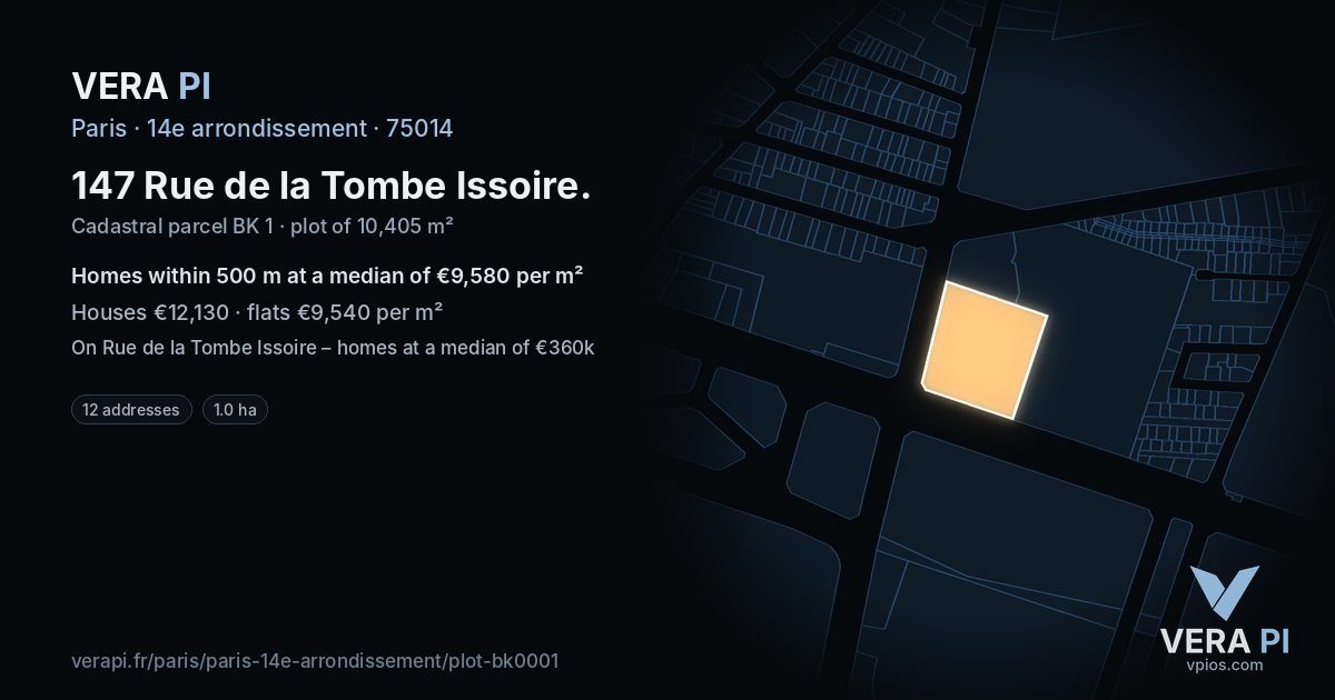 147 Rue de la Tombe Issoire, 14e arrondissement at night – the plot lit, the parcels around coloured by the prices near them