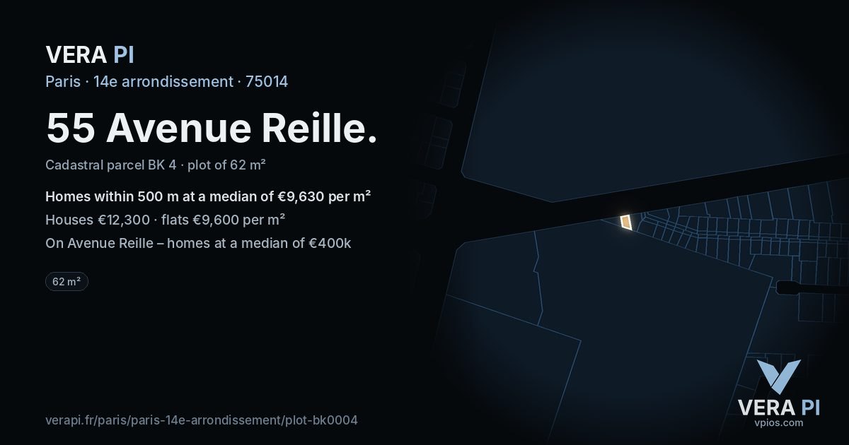 55 Avenue Reille, 14e arrondissement at night – the plot lit, the parcels around coloured by the prices near them
