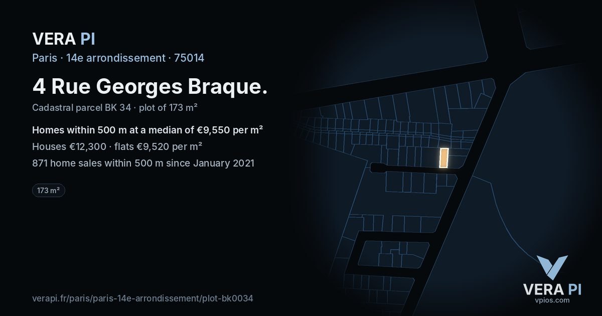 4 Rue Georges Braque, 14e arrondissement at night – the plot lit, the parcels around coloured by the prices near them