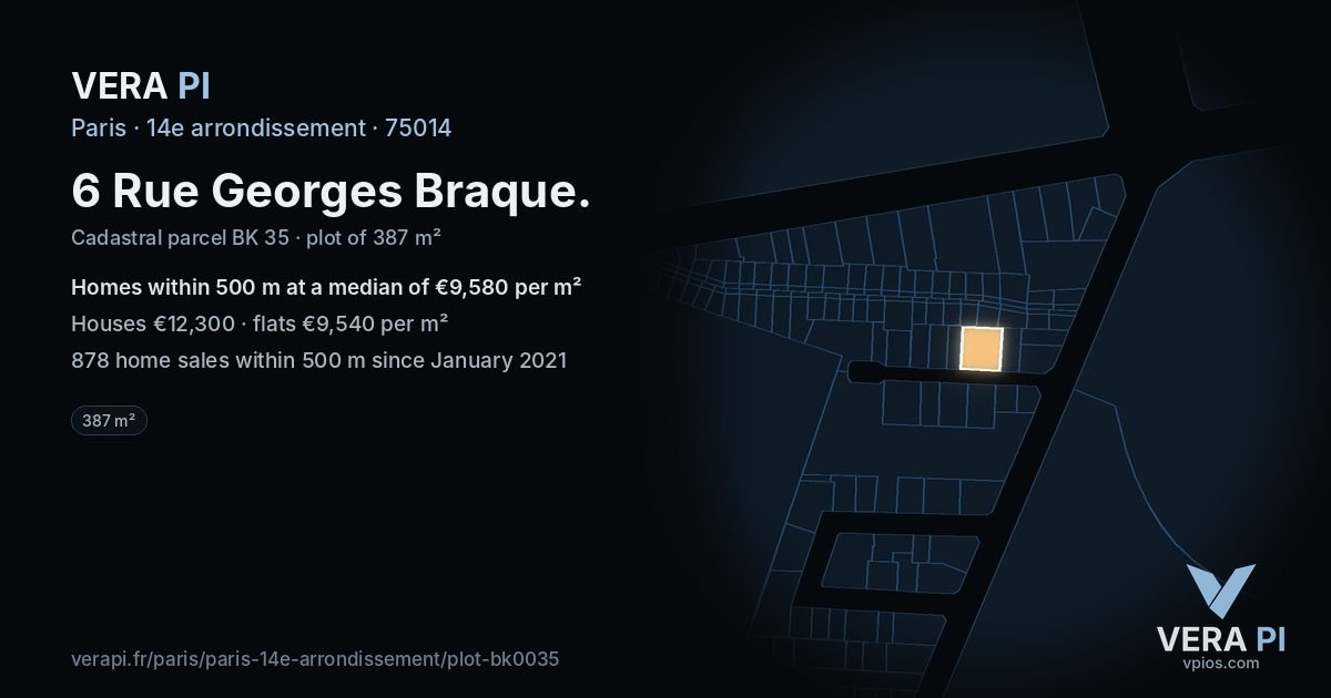 6 Rue Georges Braque, 14e arrondissement at night – the plot lit, the parcels around coloured by the prices near them