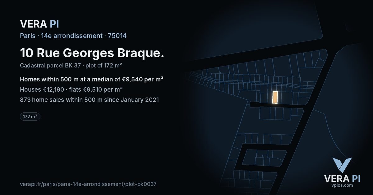 10 Rue Georges Braque, 14e arrondissement at night – the plot lit, the parcels around coloured by the prices near them