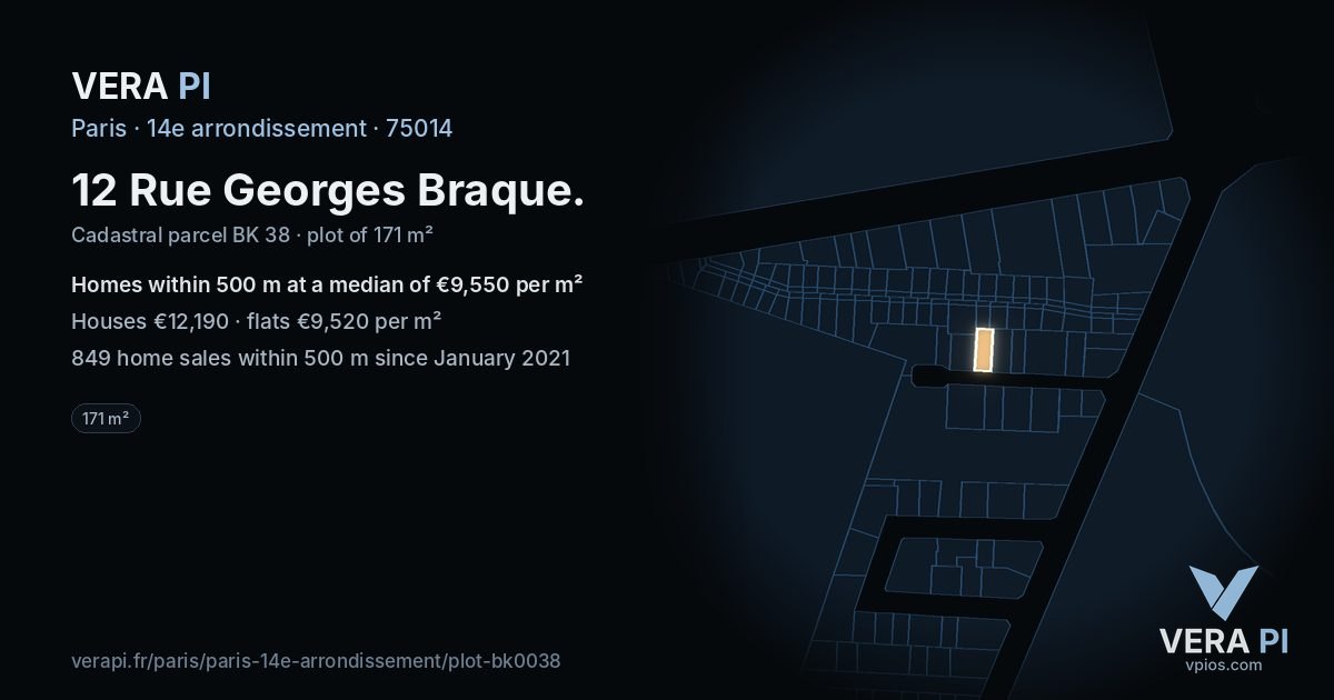 12 Rue Georges Braque, 14e arrondissement at night – the plot lit, the parcels around coloured by the prices near them