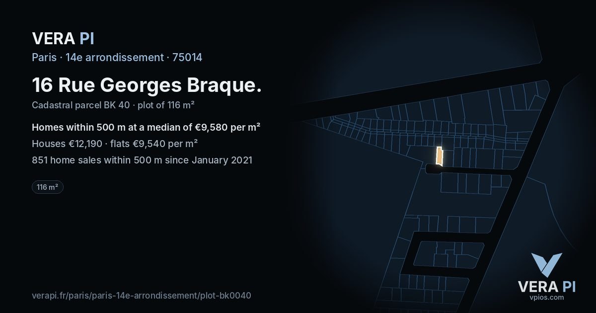16 Rue Georges Braque, 14e arrondissement at night – the plot lit, the parcels around coloured by the prices near them