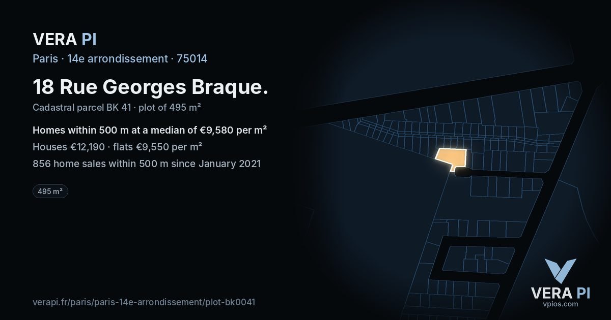 18 Rue Georges Braque, 14e arrondissement at night – the plot lit, the parcels around coloured by the prices near them