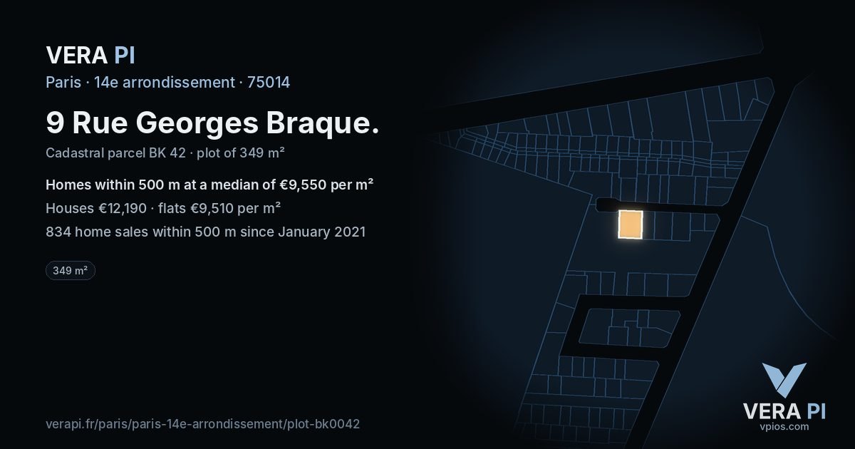 9 Rue Georges Braque, 14e arrondissement at night – the plot lit, the parcels around coloured by the prices near them