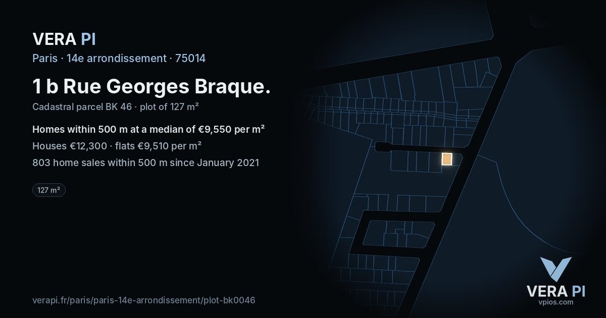 1 b Rue Georges Braque, 14e arrondissement at night – the plot lit, the parcels around coloured by the prices near them