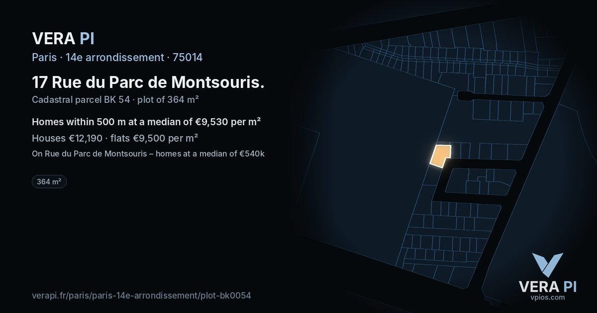 17 Rue du Parc de Montsouris, 14e arrondissement at night – the plot lit, the parcels around coloured by the prices near them