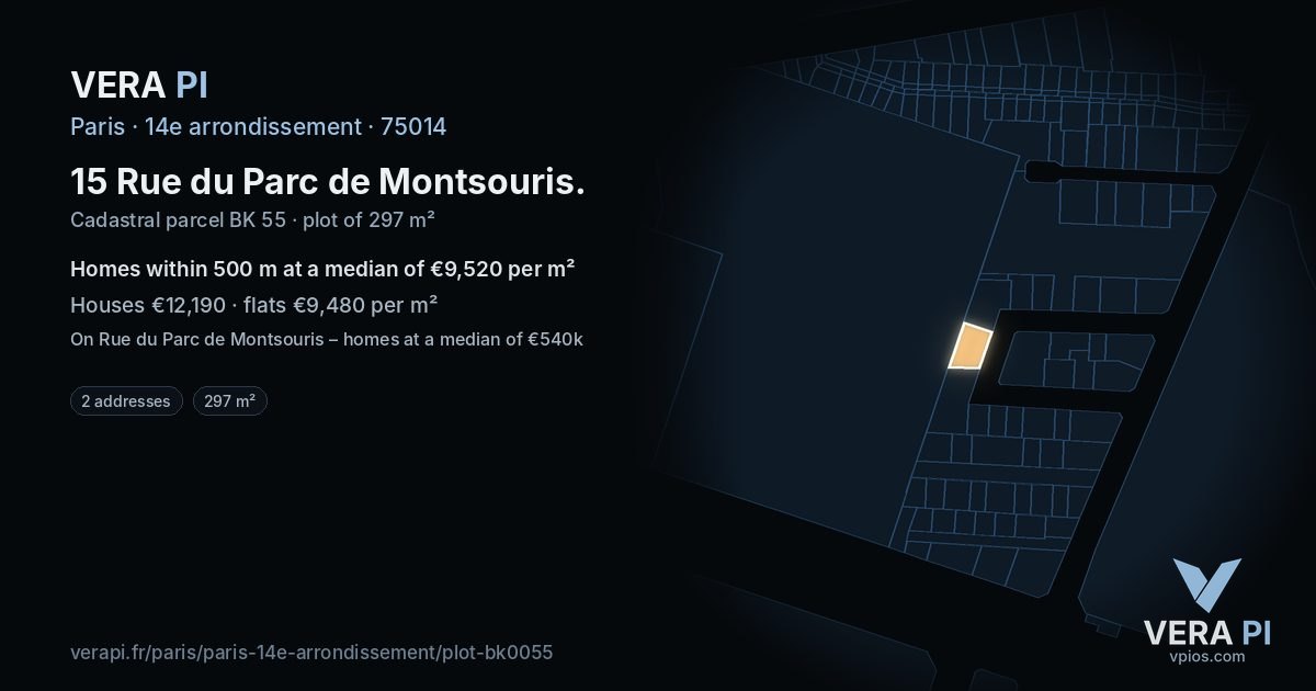 15 Rue du Parc de Montsouris, 14e arrondissement at night – the plot lit, the parcels around coloured by the prices near them