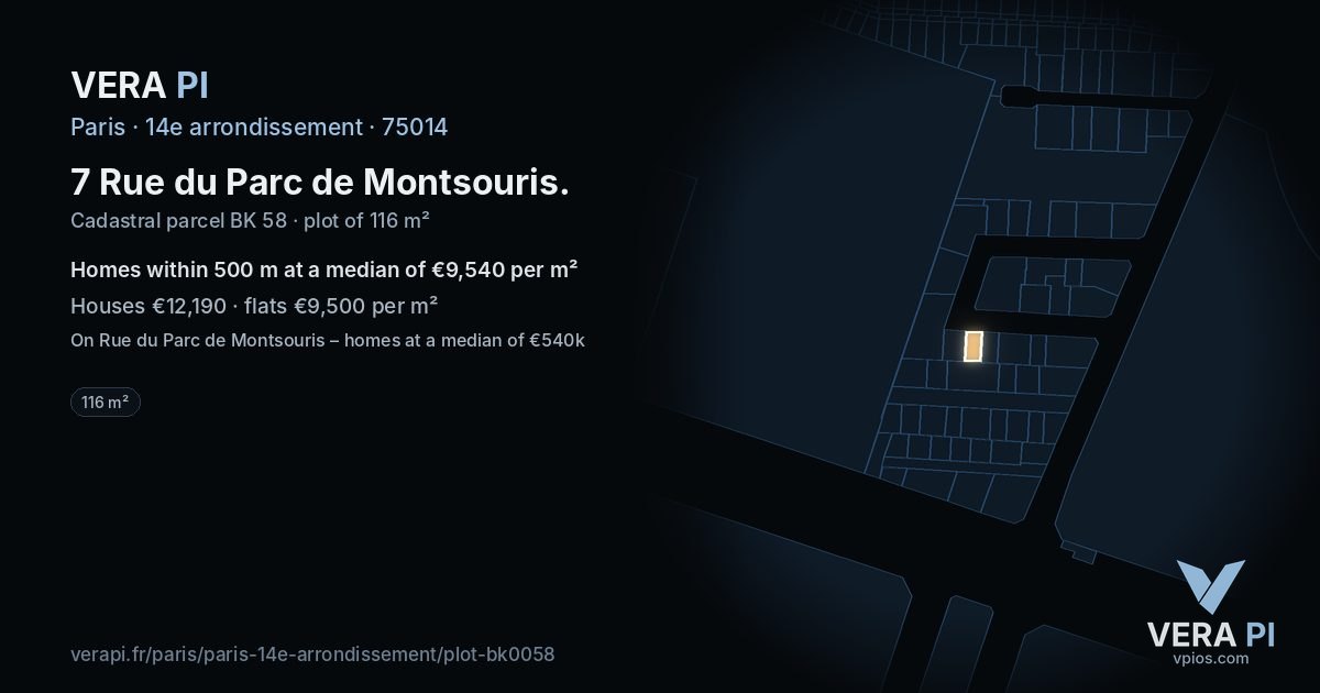 7 Rue du Parc de Montsouris, 14e arrondissement at night – the plot lit, the parcels around coloured by the prices near them
