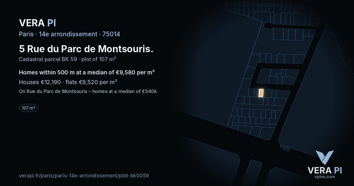 5 Rue du Parc de Montsouris, 14e arrondissement at night – the plot lit, the parcels around coloured by the prices near them