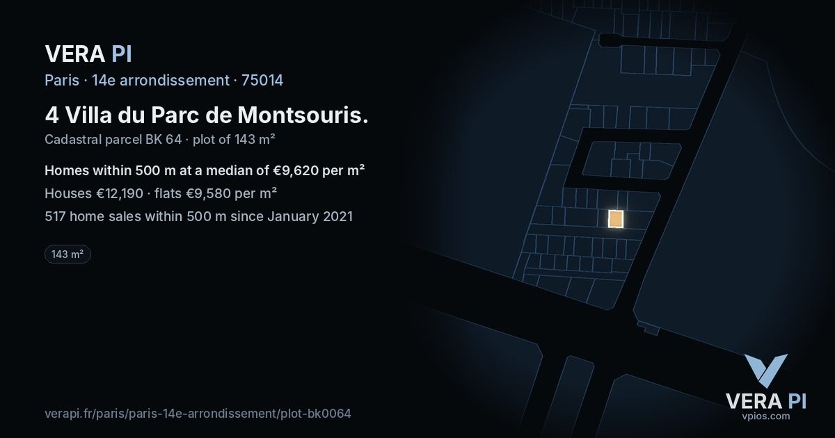 4 Villa du Parc de Montsouris, 14e arrondissement at night – the plot lit, the parcels around coloured by the prices near them