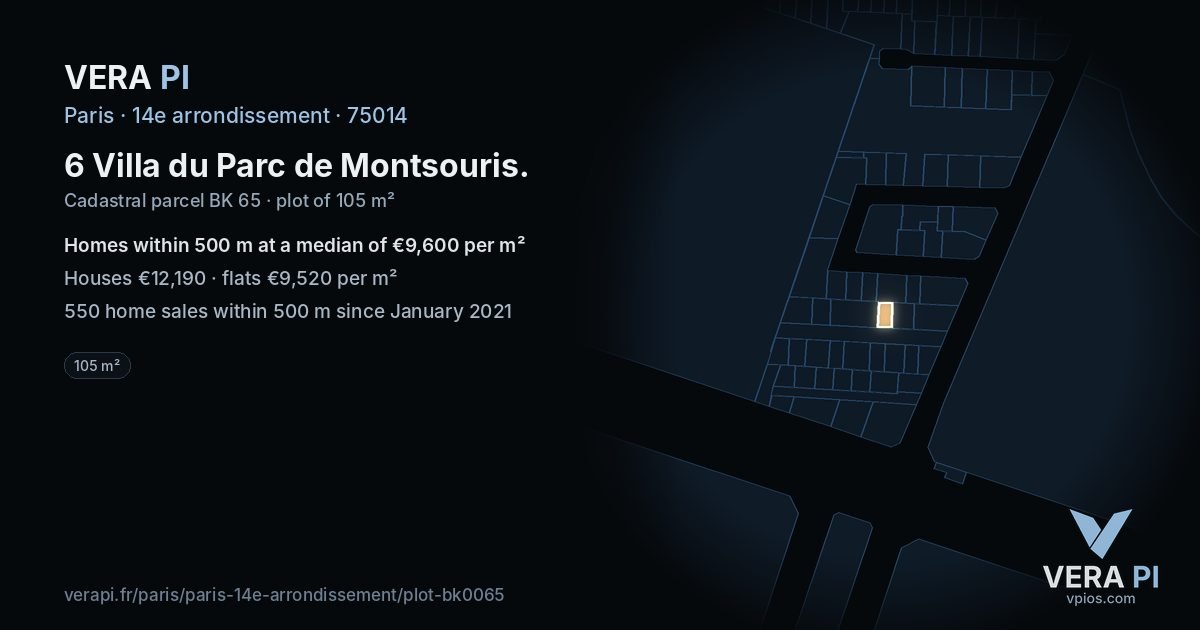 6 Villa du Parc de Montsouris, 14e arrondissement at night – the plot lit, the parcels around coloured by the prices near them