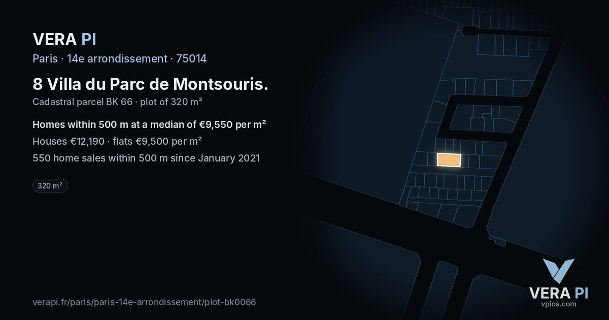 8 Villa du Parc de Montsouris, 14e arrondissement at night – the plot lit, the parcels around coloured by the prices near them