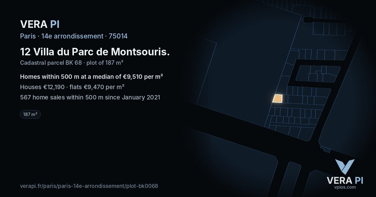 12 Villa du Parc de Montsouris, 14e arrondissement at night – the plot lit, the parcels around coloured by the prices near them